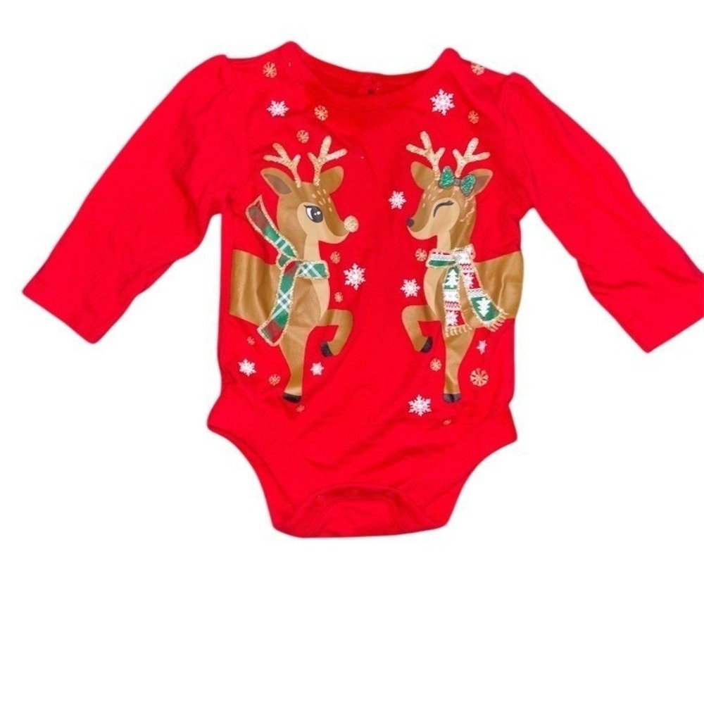 Holiday Time Baby Girl Christmas Reindeer Long Sleeve Bodysuit Red 3-6M